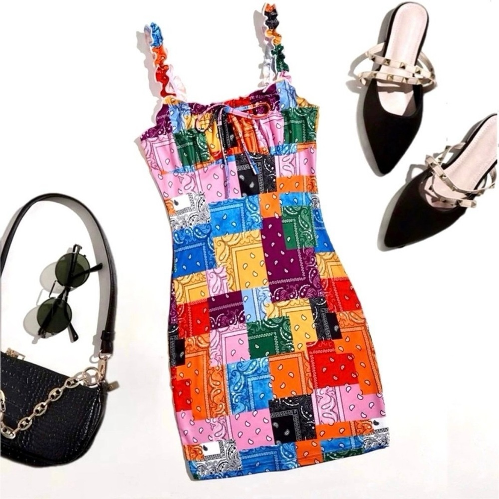 New Colorful Paisley Patchwork Knotted Frill Strap Mini Dress - Women’s XS (2)